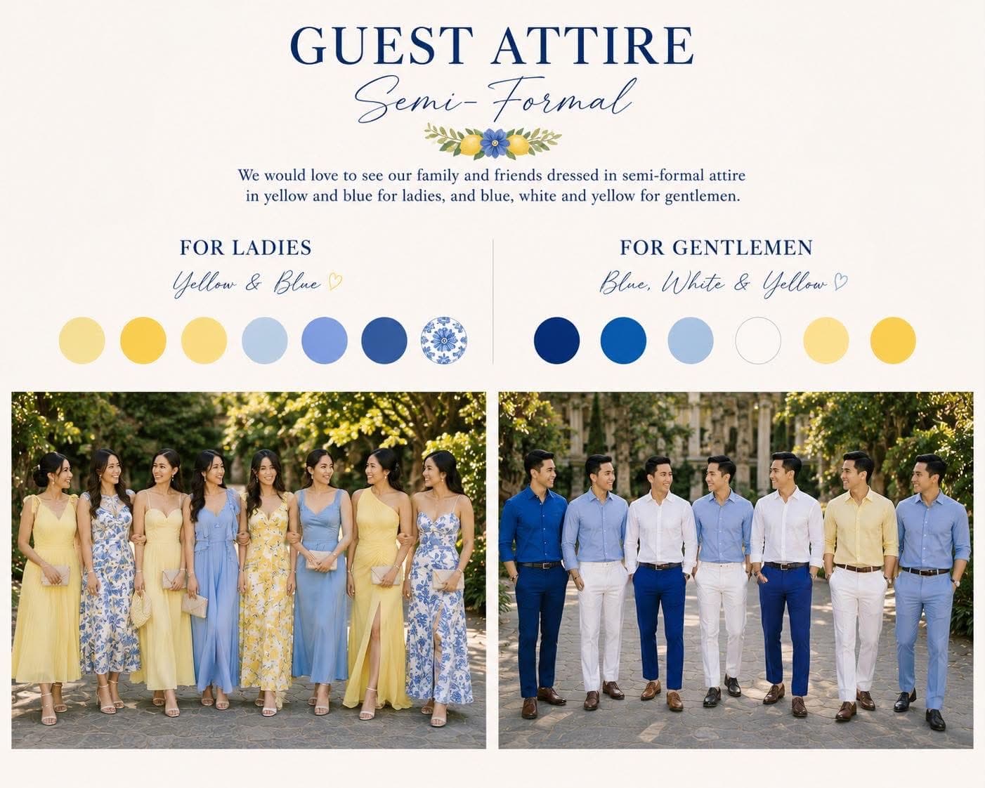 Guest attire reference: semi-formal looks in yellow and blue for ladies, and blue, white, and yellow for gentlemen, with example color swatches