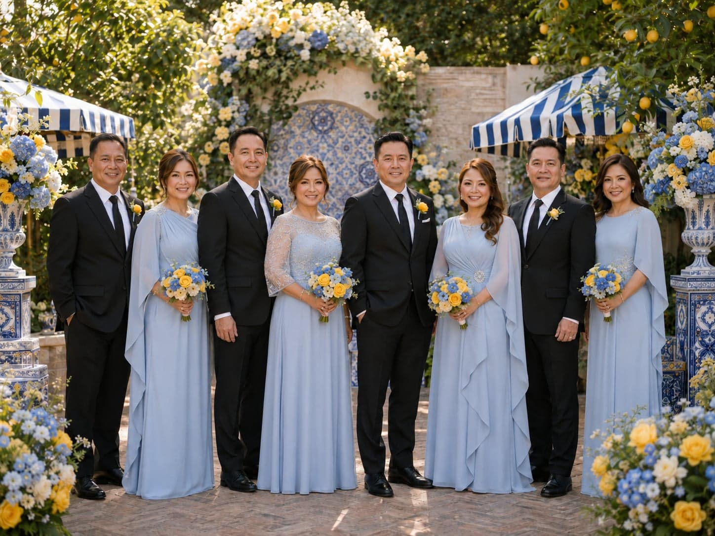Principal sponsors attire reference: ladies in light blue gowns holding yellow and blue bouquets, gentlemen in black suits