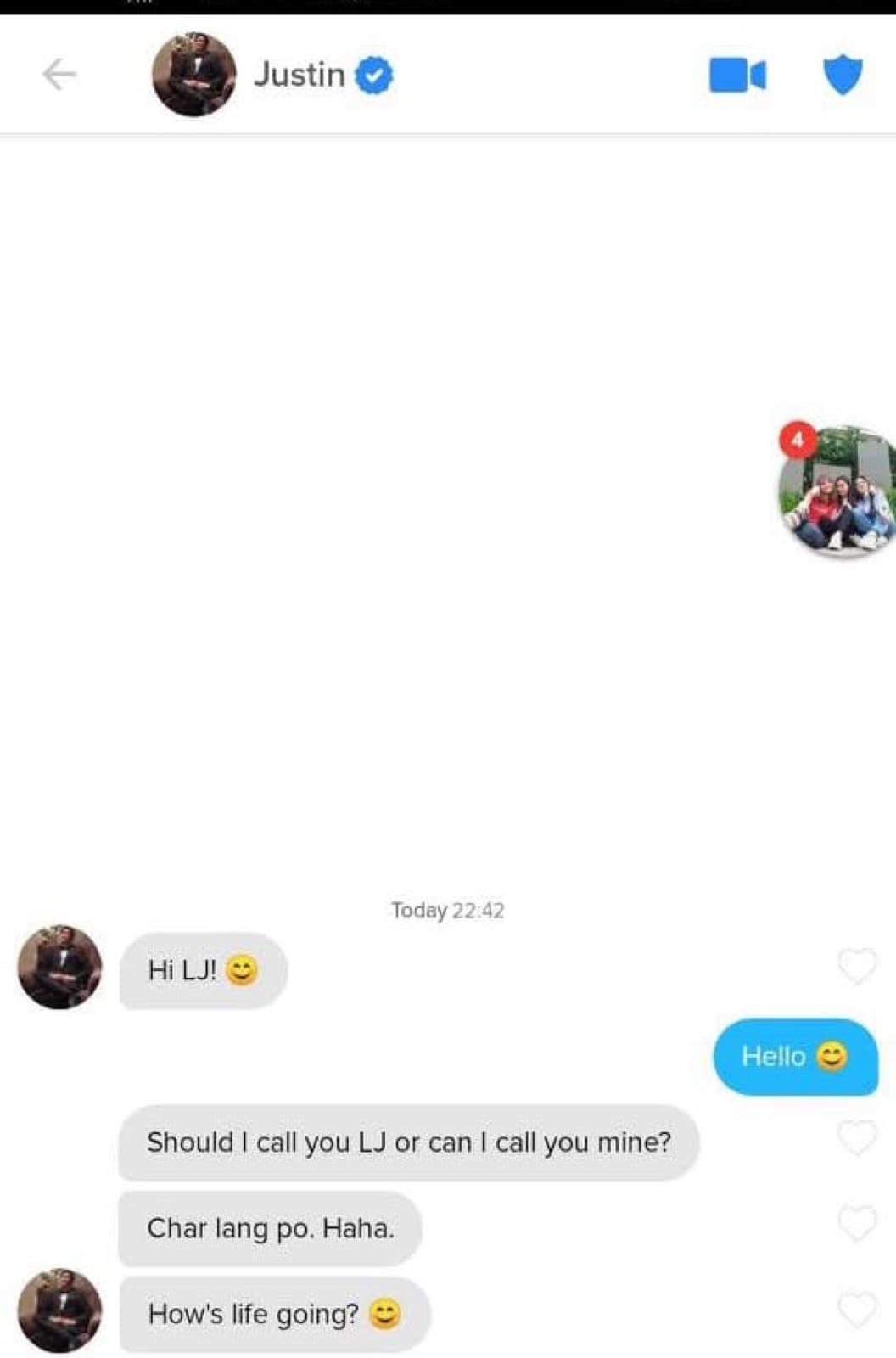 Screenshot of a Tinder chat between Justin and Lovely, opening with "Hi LJ!" and a photo of the two of them together